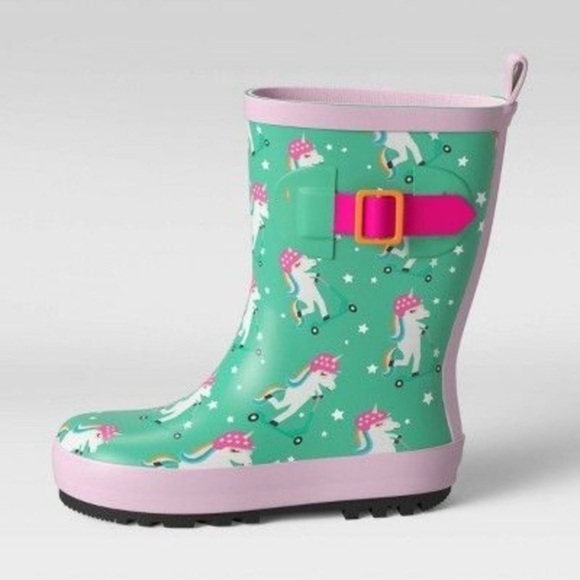Unicorn Riding Scooter Kid’s Rain Boots Galoshes Wellies Pink Green NWT Winter - Picture 2 of 3
